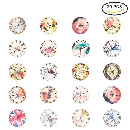 PandaHall Elite 20pcs 12mm Clock Printed Half Round Dome Glass Cabochons for Jewelry Making