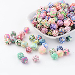 Honeyhandy Handmade Polymer Clay Beads, Round, Mixed Color, about 10mm in diameter, hole: 2mm