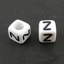 Honeyhandy White Letter Acrylic Cube Beads, Horizontal Hole, Letter Z, Size: about 6mm wide, 6mm long, 6mm high, hole: 3.2mm, about 300pcs/50g