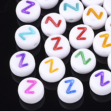 Honeyhandy Initial Acrylic Beads, Horizontal Hole, Flat Round, Mixed Color, Letter.Z, 7x3.5~4mm, Hole: 1.2mm