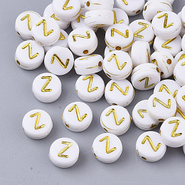 Honeyhandy Plating Acrylic Beads, Golden Metal Enlaced, Horizontal Hole, Flat Round with Alphabet, White, Letter.Z, 7x3.5mm, Hole: 1.2mm, about 360pcs/50g