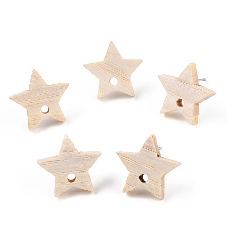 Honeyhandy Ash Wood Stud Earring Findings, with 304 Stainless Steel Pin, Star, 14.5x15mm, Hole: 1.8mm, Pin: 0.7mm