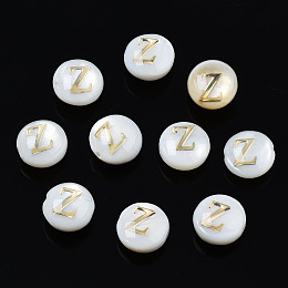 Honeyhandy Natural Freshwater Shell Beads, with Golden Plated Brass Etched Metal Embellishments, Flat Round with Letter, Seashell Color, Letter.Z, 6x4mm, Hole: 0.8mm