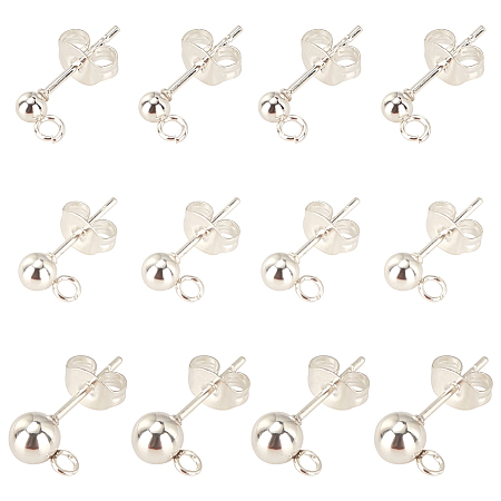 UNICRAFTALE 304 Stainless Steel Ball Stud Earring Post, Earring Findings, with Loop and 30PCS Ear Nuts, Round, Silver, 14~16x3~5mm, Hole: 1.8~2mm; Pin: 0.8mm, Round: 3~5mm; 30pcs/box