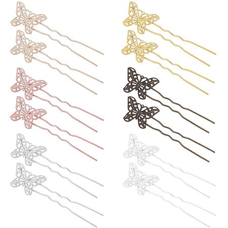 Iron Hair Fork Findings, with Brass Butterfly Filigree Findings, Mixed Color, 85.5x22x3mm; Butterfly: 30x20mm, 24pcs/set