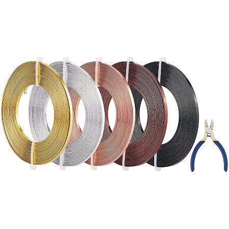 Flat Aluminum Wire, with Iron Side Cutting Pliers, Mixed Color, 9 Gauge, 3mm; about 5m/roll; 5 colors, 1roll/color, 5rolls/set