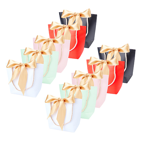 Paper Bags, Gift Bags, Shopping Bags, Wedding Bags with Ribbon, Rectangle with Handles, Mixed Color, 21x17x7cm; 5 colors, 2sets/color, 10sets/bag