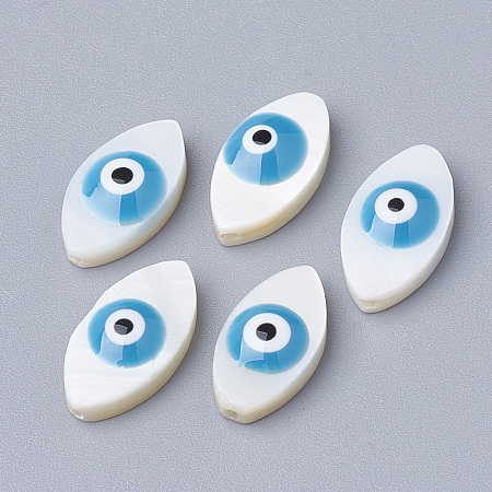 Honeyhandy Natural Freshwater Shell Beads, Horse Eye with Evil Eye, Dodger Blue, 15x8x4mm, Hole: 1mm