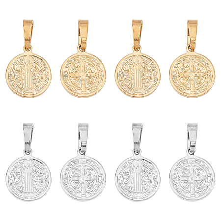 Unicraftale 304 Other Pendants & Charms, Religion, Flat Round with Saint Benedict, Golden & Stainless Steel Color, 15x12x2mm, Hole: 5x3mm, 2 colors, 8pcs/color, 16pcs/box