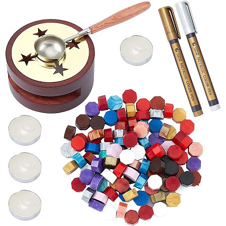 CRASPIRE Fire Wax Seal Wax Sealing Stamps Tool Kits, include Wood Wax Furnace, Wax Sticks Melting Spoon, Wax Particles, Paints Pens, Candle, for Scrapbooking, Mixed Color, 74.5x38.5mm