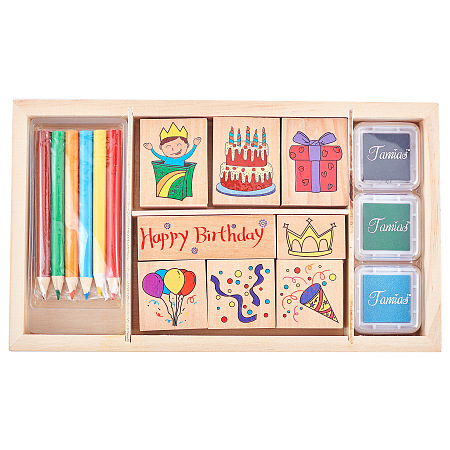 Birthday Theme Wooden Stamp Sets, for Kids, with Brush, Mixed Color, Box: 220x130x24mm