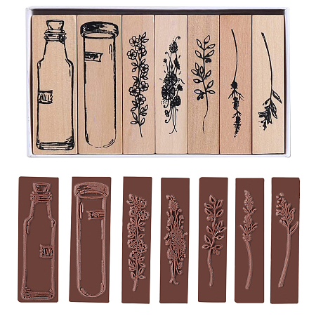 Gorgecraft Plants and Flowers Style Wooden Rubber Stamps, for DIY Craft Card Scrapbooking Supplies, BurlyWood, 65.5x21.5x25.5mm; 65.5x15x25.5mm; 7pcs/set