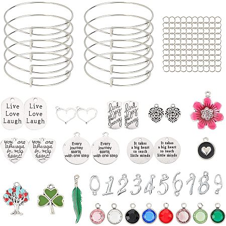 SUNNYCLUE DIY Word Theme Bangle Making Kits, with Alloy Pendants, Glass Charms, Adjustable Brass Bangle Making, Antique Silver, 2-3/4 inches(70mm), 2mm, 10pcs/set