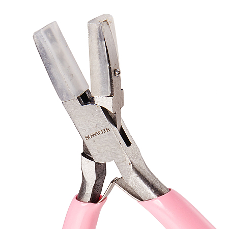 SUNNYCLUE 45# Carbon Steel Jewelry Pliers, Flat Nose Pliers, Nylon Jaw Pliers, Polishing, Pink, 13.7x7.3x1.05cm
