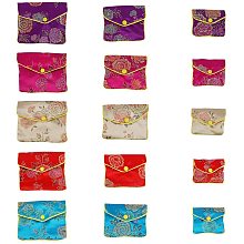 Embroidery Damask Cloth Pouches Set, with Snap Button and Zipper, Small Gift Bags for Jewelry, Mixed Color, 6.45~10.2x8~12.5cm; 15pcs/set