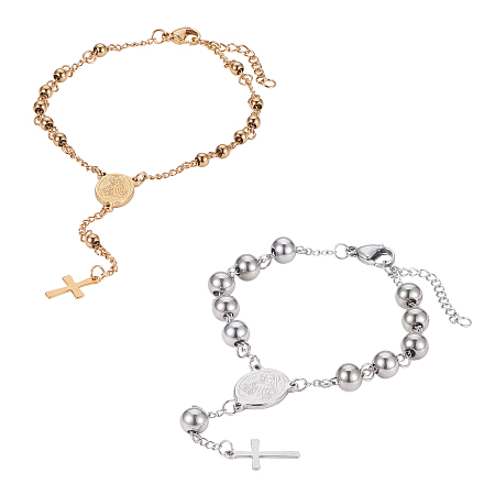 Unicraftale Rosary Bead Bracelets with Cross, 304 Stainless Steel Bracelet for Easter, Oval with Virgin Mary, Golden & Stainless Steel Color, 9 inches(23cm); 2colors, 1pc/color, 2pcs/box