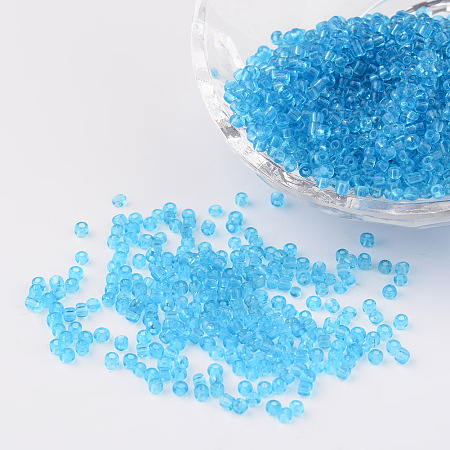 Honeyhandy 12/0 Glass Seed Beads, Transparent, Round, Deep Sky Blue, 2mm, Hole: 1mm, about 3100pcs/50g