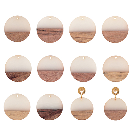 Olycraft Resin & Wood Pendants, Flat Round, Creamy White, 28.5x3.5~4mm, Hole: 1.5mm, 10pcs/box