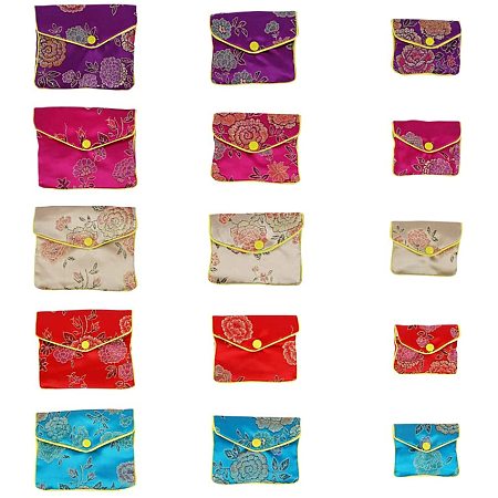 Embroidery Damask Cloth Pouches Set, with Snap Button and Zipper, Small Gift Bags for Jewelry, Mixed Color, 6.45~10.2x8~12.5cm; 15pcs/set
