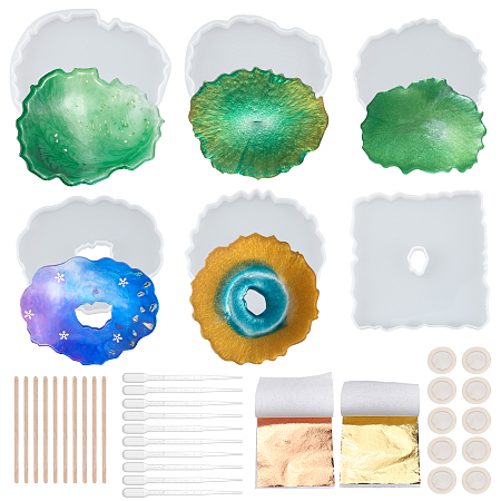 Olycraft DIY Coasters Makings, with Silicone Molds, Wooden Ice Cream Sticks Latex Finger Cots, Plastic Transfer Pipettes, Foil Paper and 304 Stainless Steel Tweezers, Mixed Color, Silicone Molds: 1pc/size, 6size, 6pcs/set