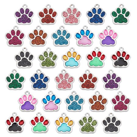 SUNNYCLUE Alloy Enamel Pendants,  Dog Paw Prints, Platinum, Mixed Color, 17.7x16.6x2mm, Hole: 2mm, 15 colors, 2pcs/color, 30pcs/box
