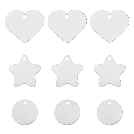 Aluminum Pendants, Blank Tags, Heart & Flat Round & Star, Platinum, 33x37.5x1mm, Hole: 3.5mm, 30pcs/box