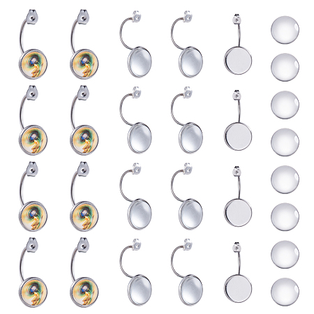 SUNNYCLUE DIY Earring Makings, with 304 Stainless Steel Ear Nuts, Earring Backs and Transparent Glass Cabochons, Flat Round, Stainless Steel Color, Tray: 14mm, 33x16x16mm, Hole: 0.8mm