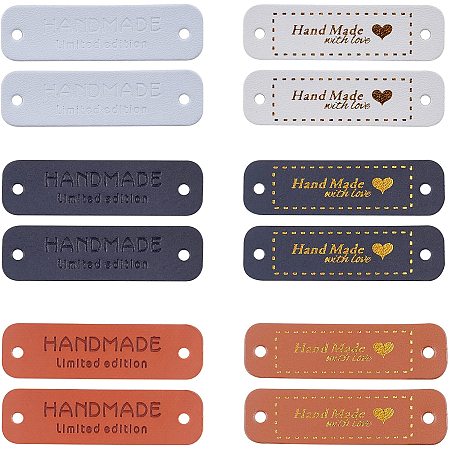 FINGERINSPIRE PU Leather Labels, Handmade Embossed Tag, with Holes, for DIY Jeans, Bags, Shoes, Hat Accessories, Rectangle with Word, Mixed Color, 120pcs/set