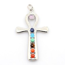 Vintage Chakra Jewelry, Brass Gemstone Big Pendants, with Alloy Findings, Ankh Cross, Platinum, 55x32x4mm, Hole: 5x8mm, 1pc/box