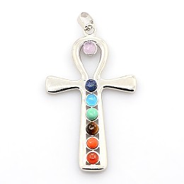 Vintage Chakra Jewelry, Brass Gemstone Big Pendants, with Alloy Findings, Ankh Cross, Platinum, 55x32x4mm, Hole: 5x8mm, 1pc/box