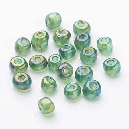 Honeyhandy 6/0 Transparent Rainbow Colours Round Glass Seed Beads, Green, Size: about 4mm in diameter, hole:1.5mm, about 495pcs/50g