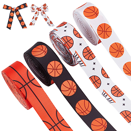 PandaHall Elite 4 Rolls 4 Colors Sport Ball Print Grosgrain Ribbon, for Garment Accessories, Mixed Shapes, Dark Orange, Basketball, 7/8 inch(22mm), about 5 yards/roll, 1 roll/color