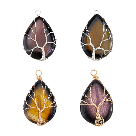 SUPERFINDINGS 4Pcs 4 Colors Natural Crackle Agate Pendants, Dyed, with Eco-Friendly Copper Wire Wrapped, Teardrop with Tree Charm, Golden & Silver, 49~52x31~32x9~11mm, Hole: 3.2~3.8mm, 1pc/color