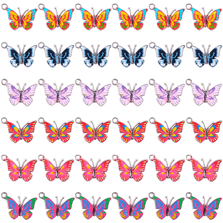 SUNNYCLUE Printed Alloy Enamel Pendants, Butterfly, Platinum, Mixed Color, 14x20.5x1.5mm, Hole: 1.6mm, 6color, 6pcs/color, 36pcs