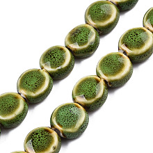 Honeyhandy Handmade Porcelain Ceramic Beads Strands, Famille Rose Style, Flat Round, Olive Drab, 12x7mm, Hole: 2mm, about 28~29pcs/strand, 12.28~12.72 inch(31.2~32.3cm)