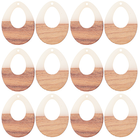 SUNNYCLUE Resin & Wood Pendants, Teardrop, Creamy White, 37.5x28x3~3.5mm, Hole: 1.5mm, 12pcs/box
