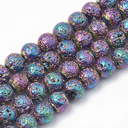 ARRICRAFT Electroplated Natural Lava Rock Beads Strands, Round, Bumpy, Colorful, 6~6.5mm, Hole: 1mm, about 63pcs/strand, 15.5 inches
