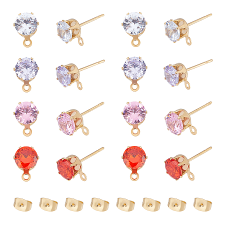 Unicraftale Brass Stud Earring Findings, with 316 Stainless Steel Pin, Cubic Zirconia and Loop, Long-Lasting Plated, Flat Round, Clear, Golden, 15.5x8x5.5mm, Hole: 1mm, Pin: 0.7mm, 16pairs/box, 304 Stainless Steel Ear Nuts:  32pcs/box