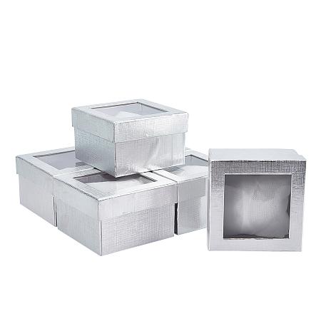 Paper Gift Box for Watch, with Sponge & Clear Window, Square, Silver, 9x9x6cm