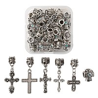 Arricraft Alloy Rhinestones European Beads and Tibetan Style Alloy European Dangle Charms, Cross & Crucifix Cross, Antique Silver, 30pcs/box