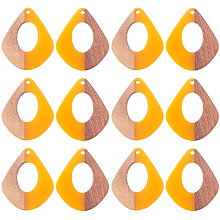 SUNNYCLUE Resin & Wood Pendants, Teardrop, Gold, 32.5x27.5x2.5~4mm, Hole: 1.5mm, 12pcs/box