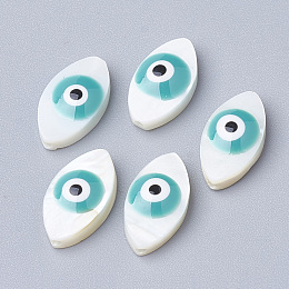 Honeyhandy Natural Freshwater Shell Beads, Horse Eye with Evil Eye, Cadet Blue, 15x8x4mm, Hole: 1mm