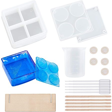 DIY Multi-Layer Storage Box Silicone Molds, Resin Casting Molds, For UV Resin, Epoxy Resin Craft Making, with Lid and Wooden Support, Plastic Pipettes & Measuring Cup & Spoons, Latex Finger Cots, Clear