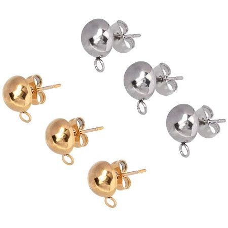 Unicraftale 304 Stainless Steel Stud Earring Findings, with Loop, Bead Container, Dome/Half Round, Golden & Stainless Steel Color, 6.8x5.2x1.1cm, 40pcs/box