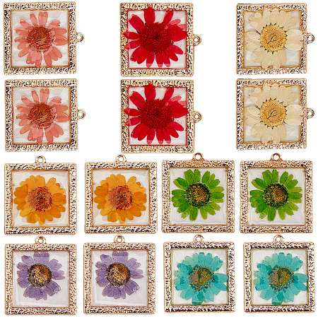 SUNNYCLUE Epoxy Resin Pendants, with Dried Flower Inside and Light Gold Plated Alloy Open Back Bezel, Square, Mixed Color, 34x30x2mm, Hole: 1.8mm, 7 colors, 2pcs/color, 14pcs;