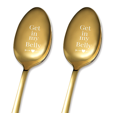 GLOBLELAND 2Pcs Get in My Belly Spoon with Gift Box Golden Stainless Steel Table Spoons for Friends Families Festival Christmas Birthday Wedding, 7.2''