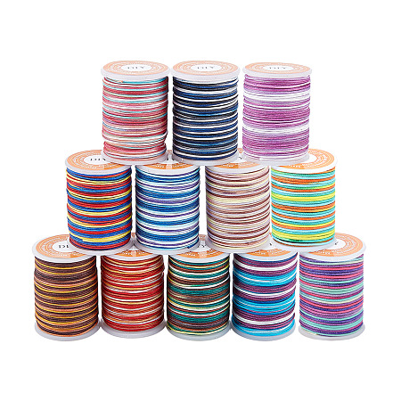 Segment Dyed Polyester Thread, Braided Cord, Mixed Color, 0.7mm; about 7m/roll, 12 colors, 1roll/color, 12rolls/set