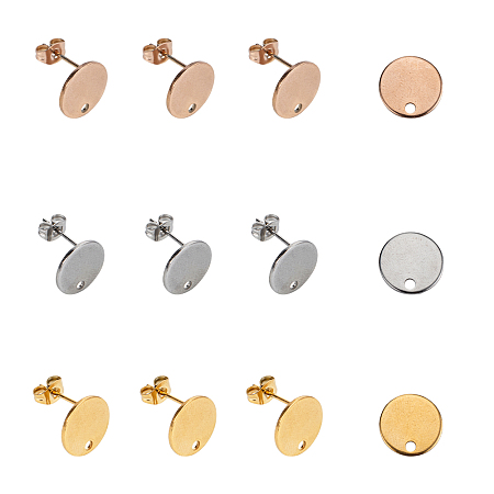 Unicraftale Vacuum Plating 304 Stainless Steel Stud Earring Findings, with Loop and Flat Plate, Flat Round, Golden & Rose Gold & Stainless Steel Color, 12x1mm, Hole: 1.8mm; Pin: 0.8mm; 3colors, 14pcs/color, 42pcs/box
