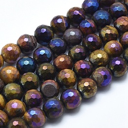 ARRICRAFT Electroplated Natural Tiger Eye Beads Strands, Round, Faceted, 8mm, Hole: 1mm, about 48~49pcs/strand, 15.1~15.5 inches(38.5~39.5cm)