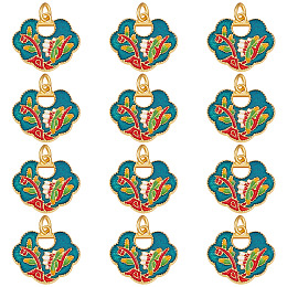 SUNNYCLUE Alloy Enamel Pendants, Cadmium Free & Lead Free, with Jump Rings, Matte Gold Color, Auspicious Clouds Lock with Flower, Dark Green, 17x19.5x2.5mm, Jump Ring: 5x1mm, 3mm inner diameter, 12pcs/box